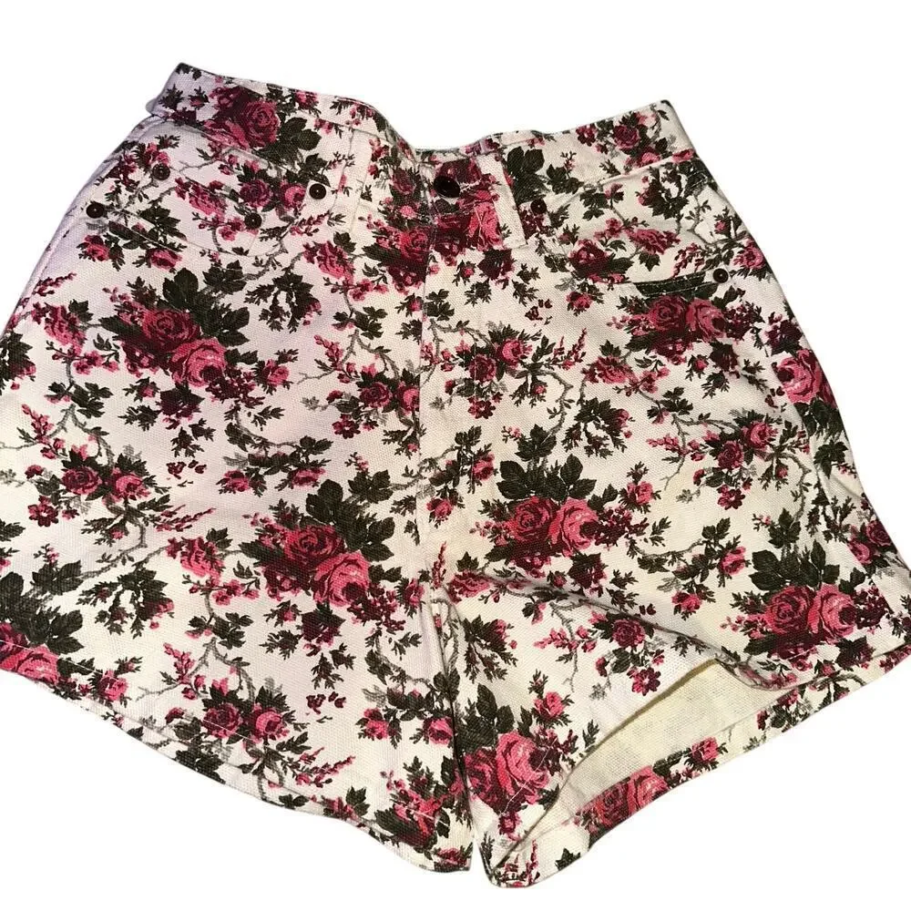 RARE VTG 80s merona floral white denim high waisted shorts sz 7/8